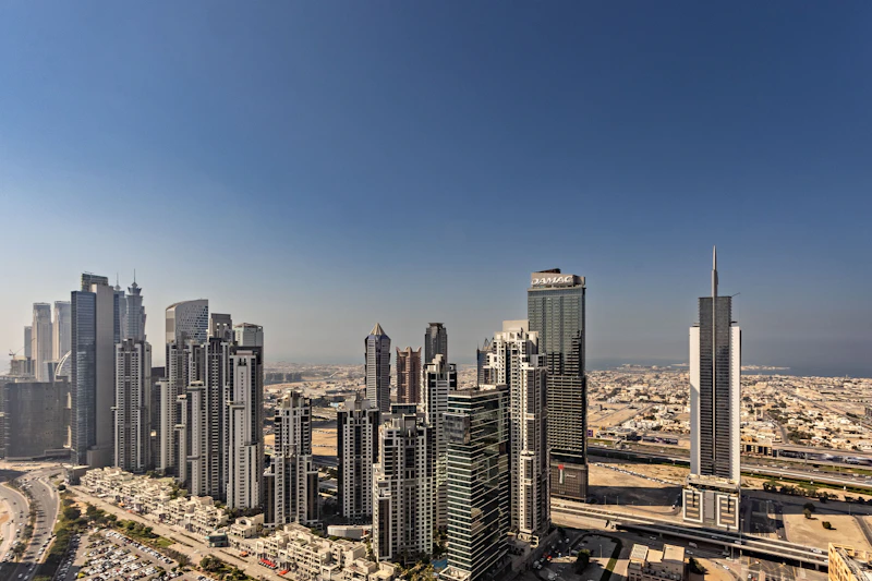 A real elevated view of Business Bay towers and roads in Dubai