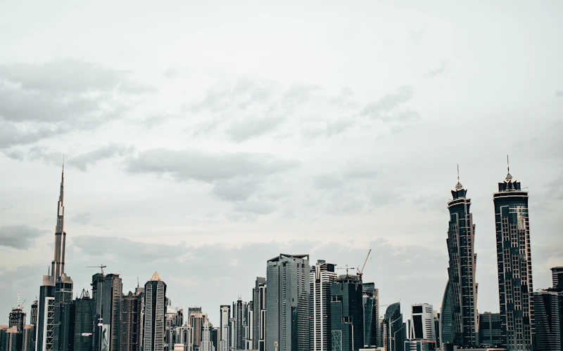 Burj Khalifa and the Business Bay skyline photographed from Dubai Canal